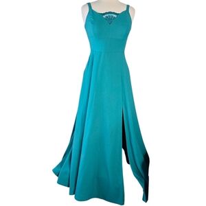 Nicole Miller New York Teal Formal Gown Side Slit Lace Front Size 8